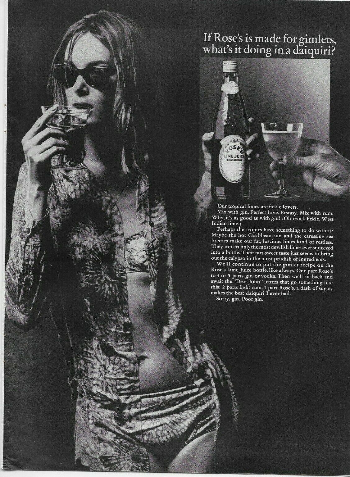 1966 Rose\'s Lime Juice Daiquiri Hot Caribbean Woman Bikini Rum Original Print Ad