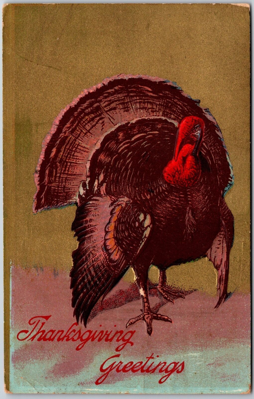 1910\'s Thanksgiving Greetings Red Wild Turkey Posted Postcard