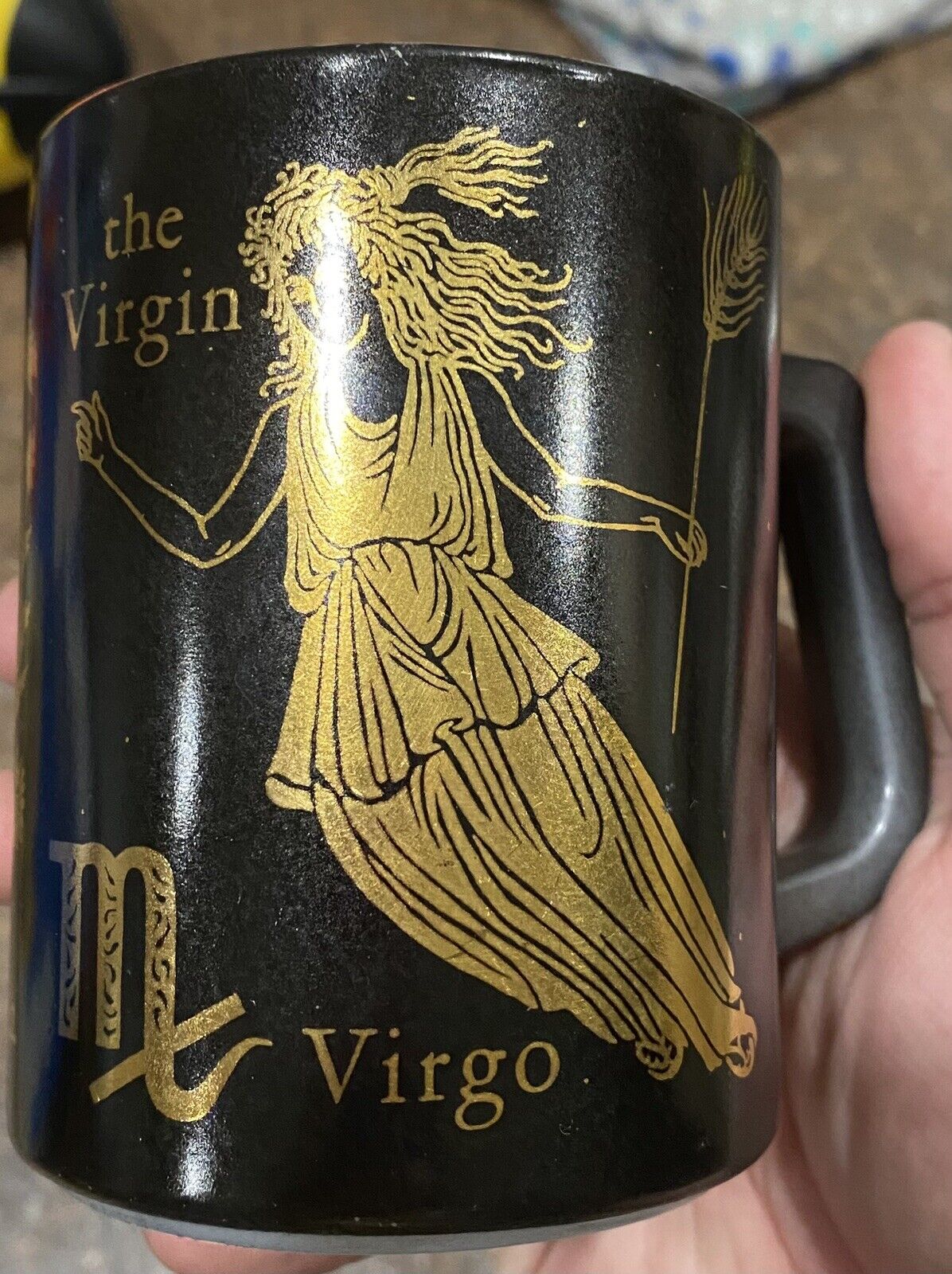 Vintage Federal Glass Zodiac Mug Virgo Black & Gold Over Milk Glass Astrology