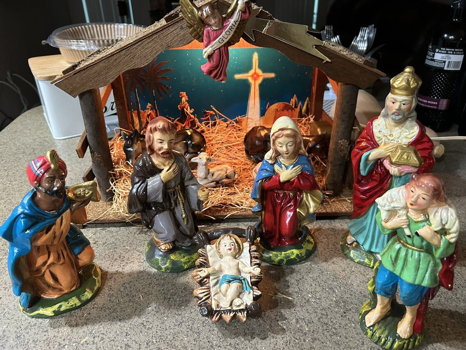 Vtg Japan Nativity Set Musical 11 Large Figures & Lighted Stable Composition