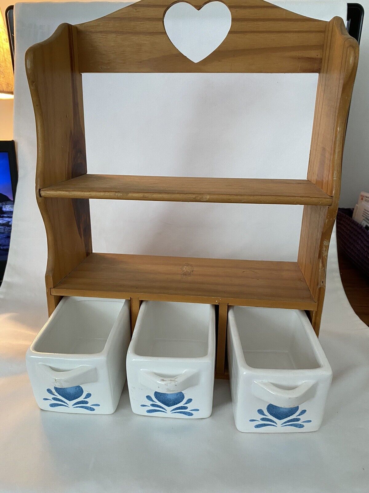 Vtg Wooden Wall Shelf Shadow Box Heart Pattern - 3 Ceramic Drawers