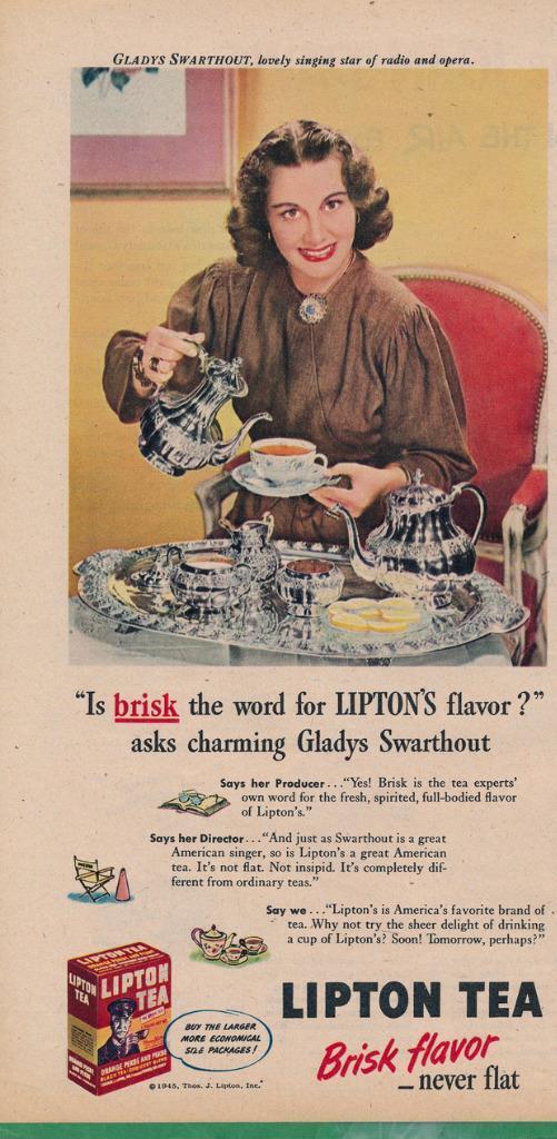 Magazine Ad - 1945 - Lipton Tea - World War 2 - Gladys Swarthout - opera