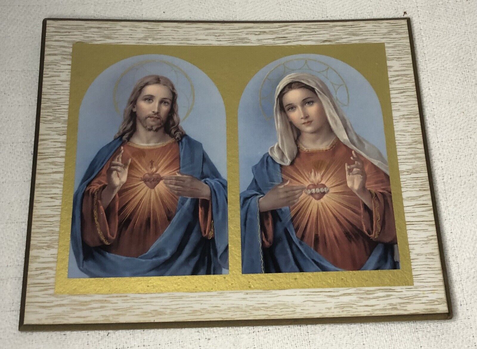 Vintage Jesus Christ Mother Mary Sacred Heart Picture Wall Plaque Catholic 12x10