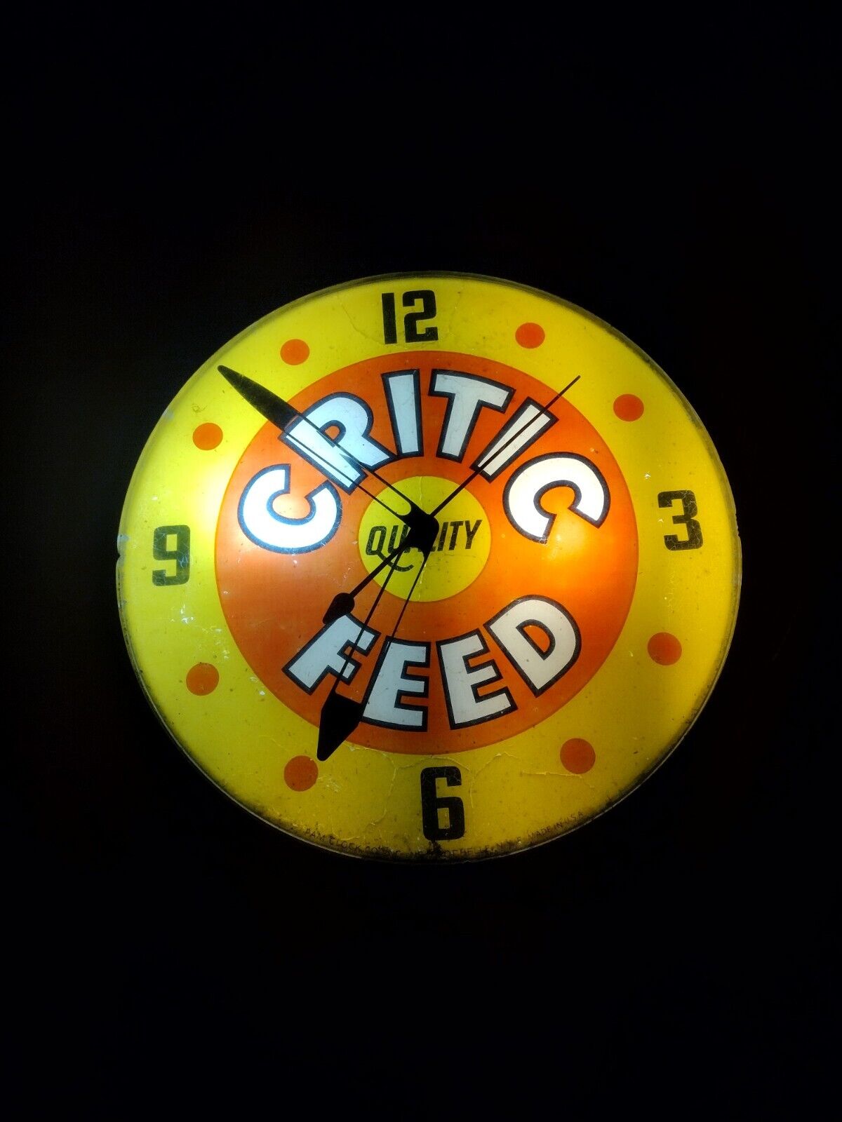 Vintage Critic Quality Feed Lighted Advertising Clock Pam Clock Co. Farm Supply
