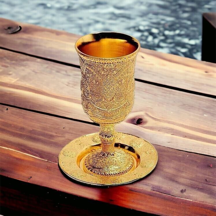 Kiddush Cup For Shabbat With Plate Gold Plated Jerusalem From Israel