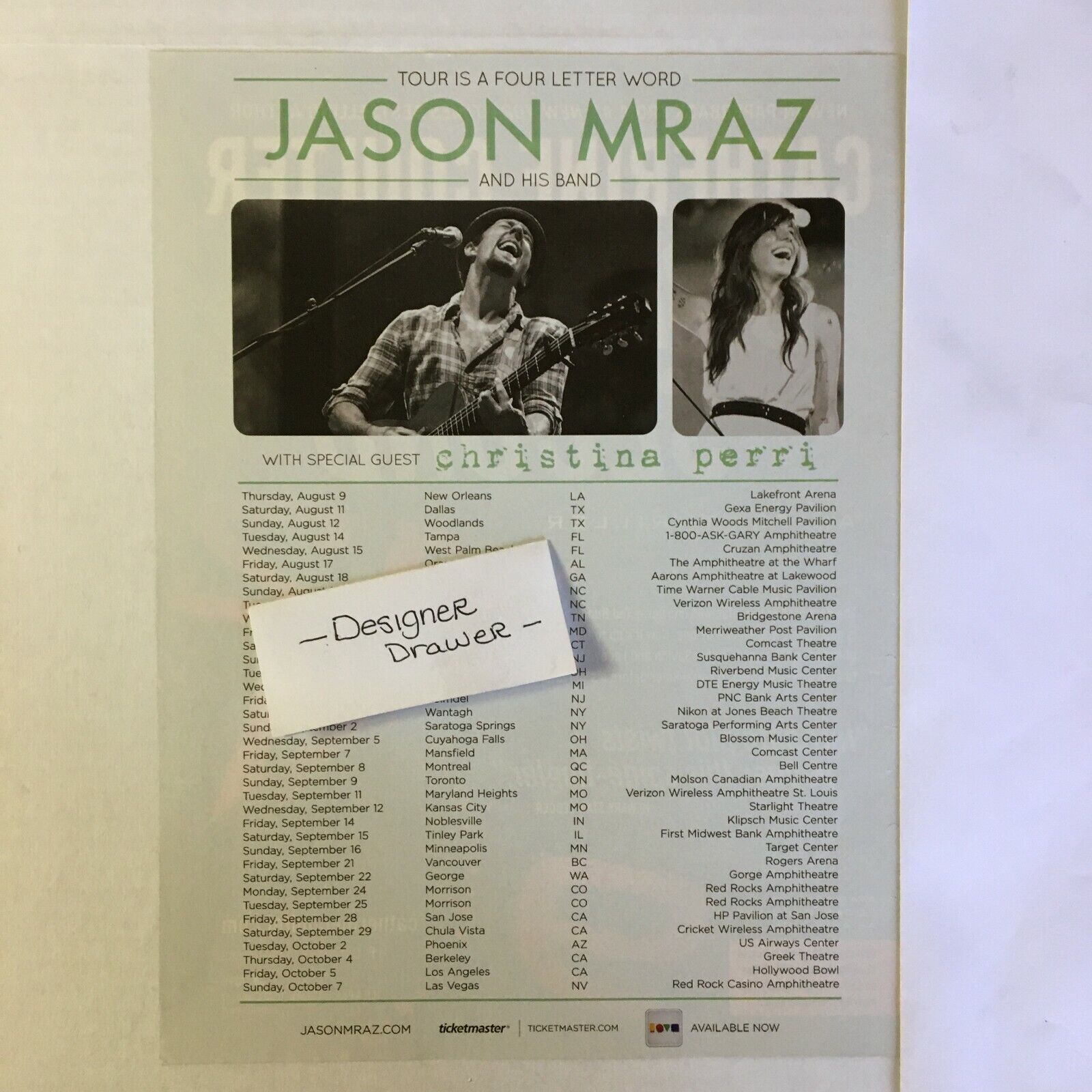Jason Mraz 2012 Concert Tour Promotional Paper Print Advertisement