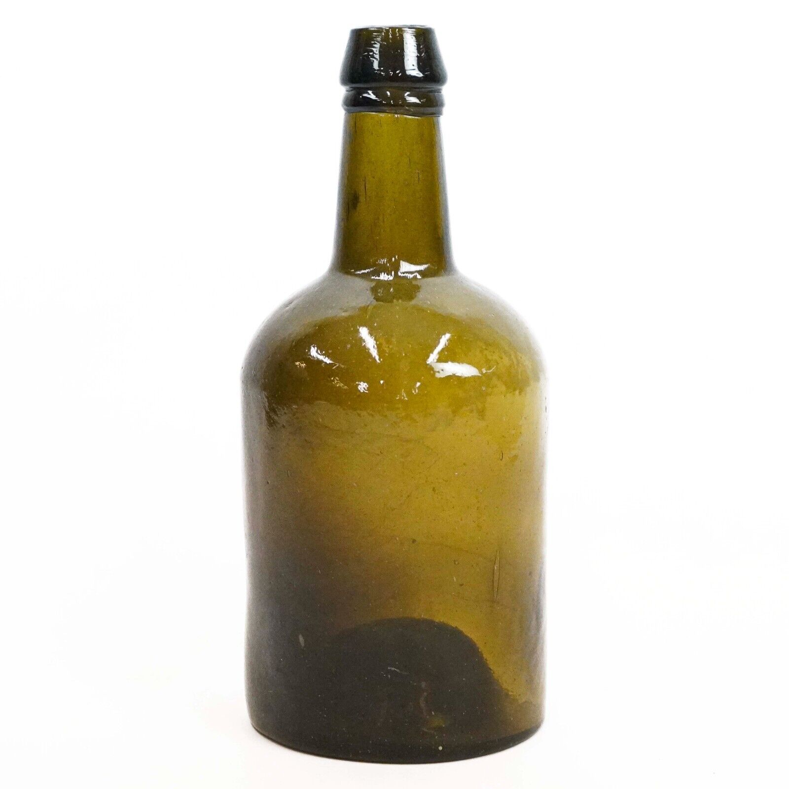 Antique c. 1840\'s Olive Green Glass Two Seam Applied Lip Pontil Bottle