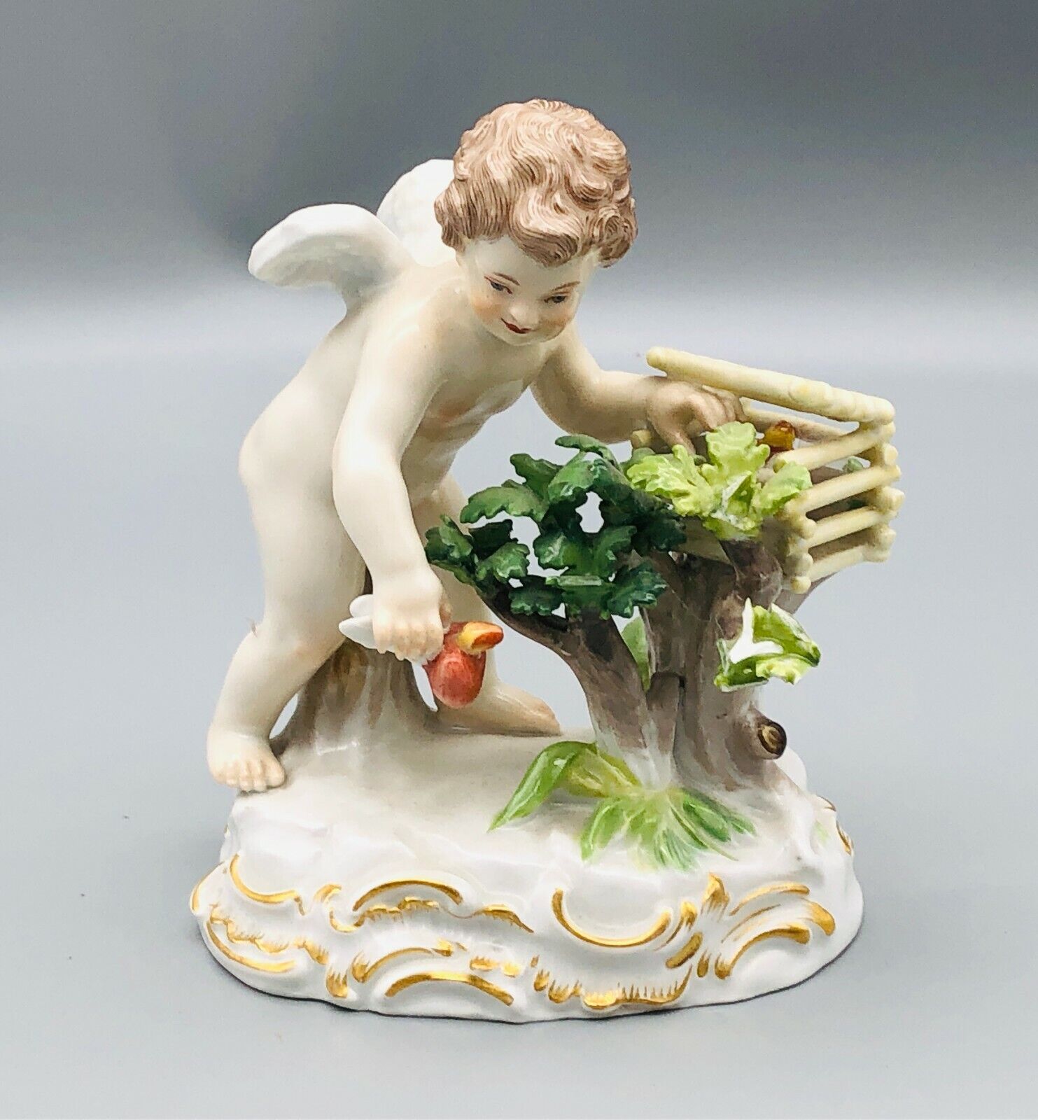 Antique Meissen Porcelain Figurine Winged Cupid Catching Flying Hearts