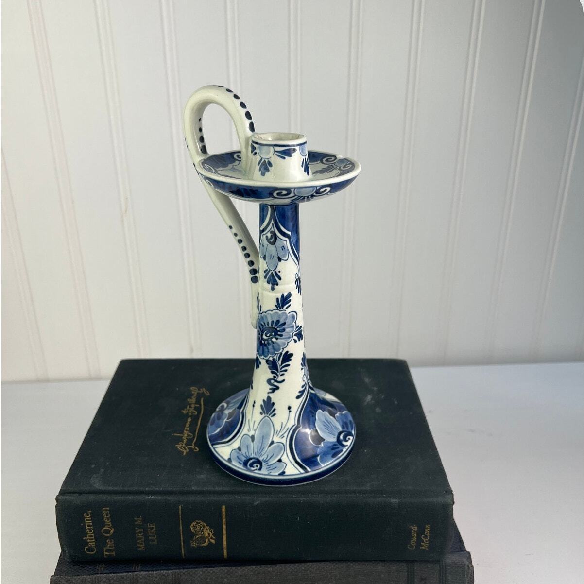 Delft Handpainted Candlestick Dutch Antique Pottery Regina Signed *AS IS*