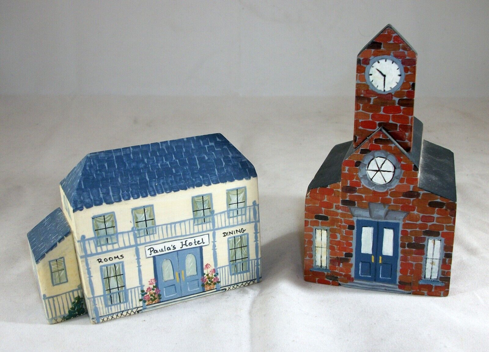 Wooden Brick School House and Hotel Handmade Wood Figurines by Renee Hayman
