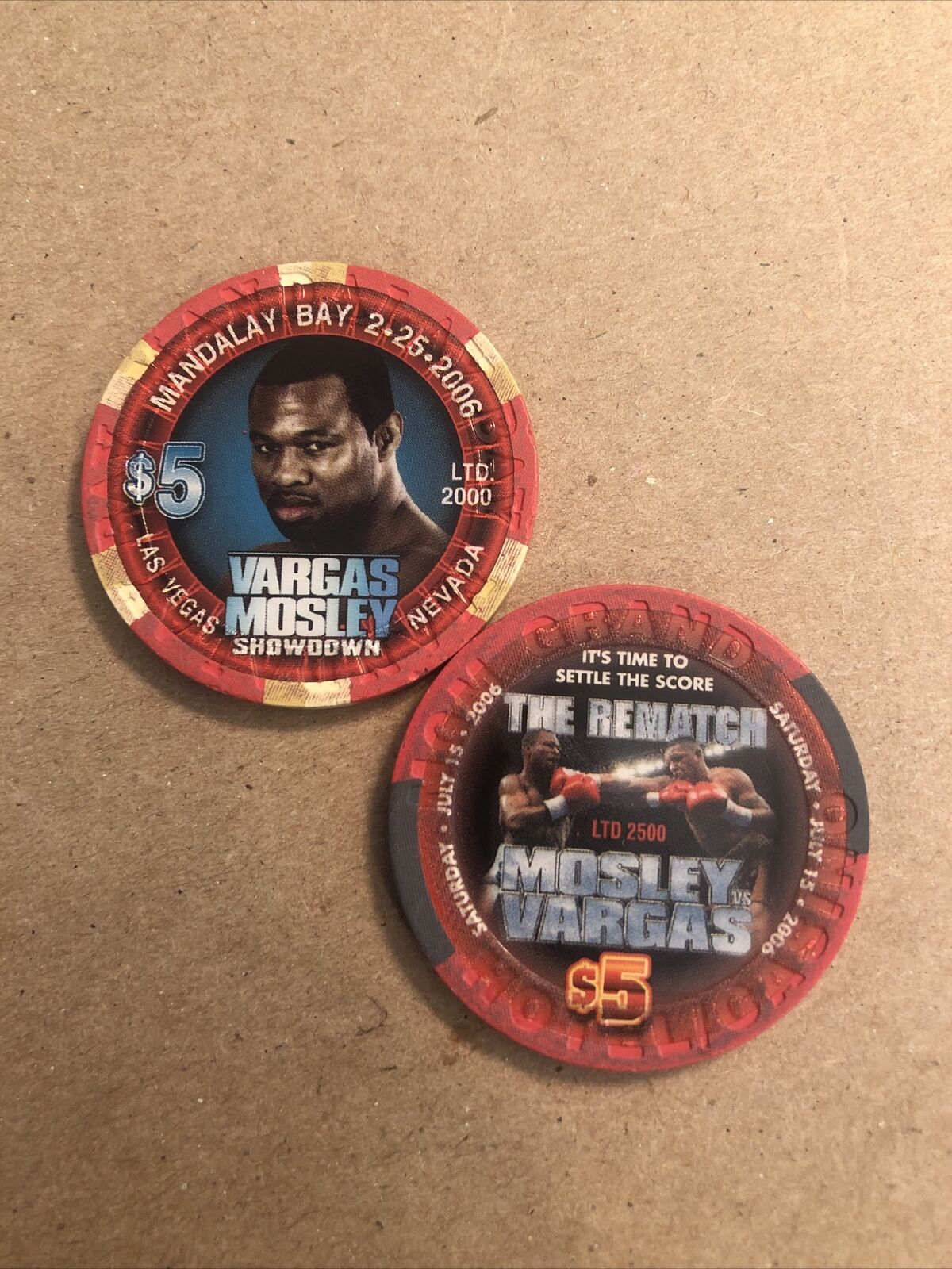 Set Of 2 $5 Las Vegas Casino Chips Vargas vs Mosley Boxing Special