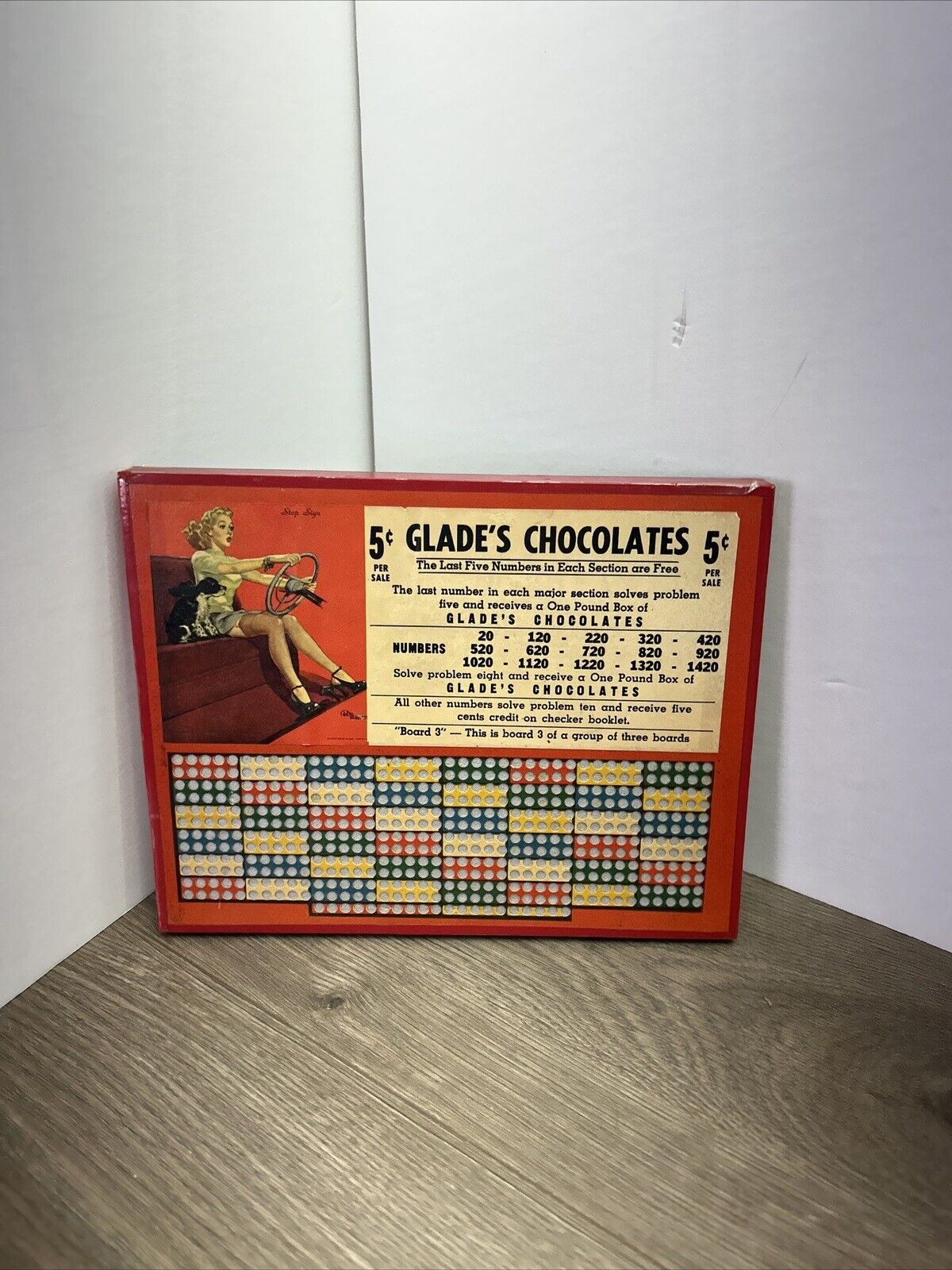 Vintage 1940’s Glade’s Chocolates 5¢ Punch Board Game Pinup Girl & Dog Wall Hang