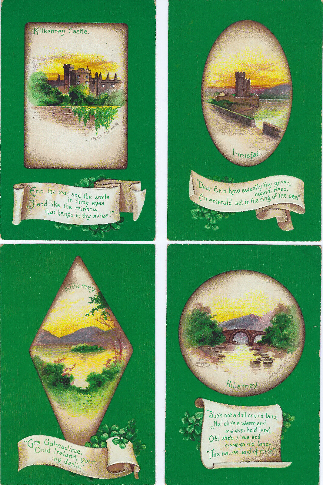 Clapsaddle St Patrick's Day Set-4 Irish Landscapes Antique A/S Emb PCs Vtg c1911