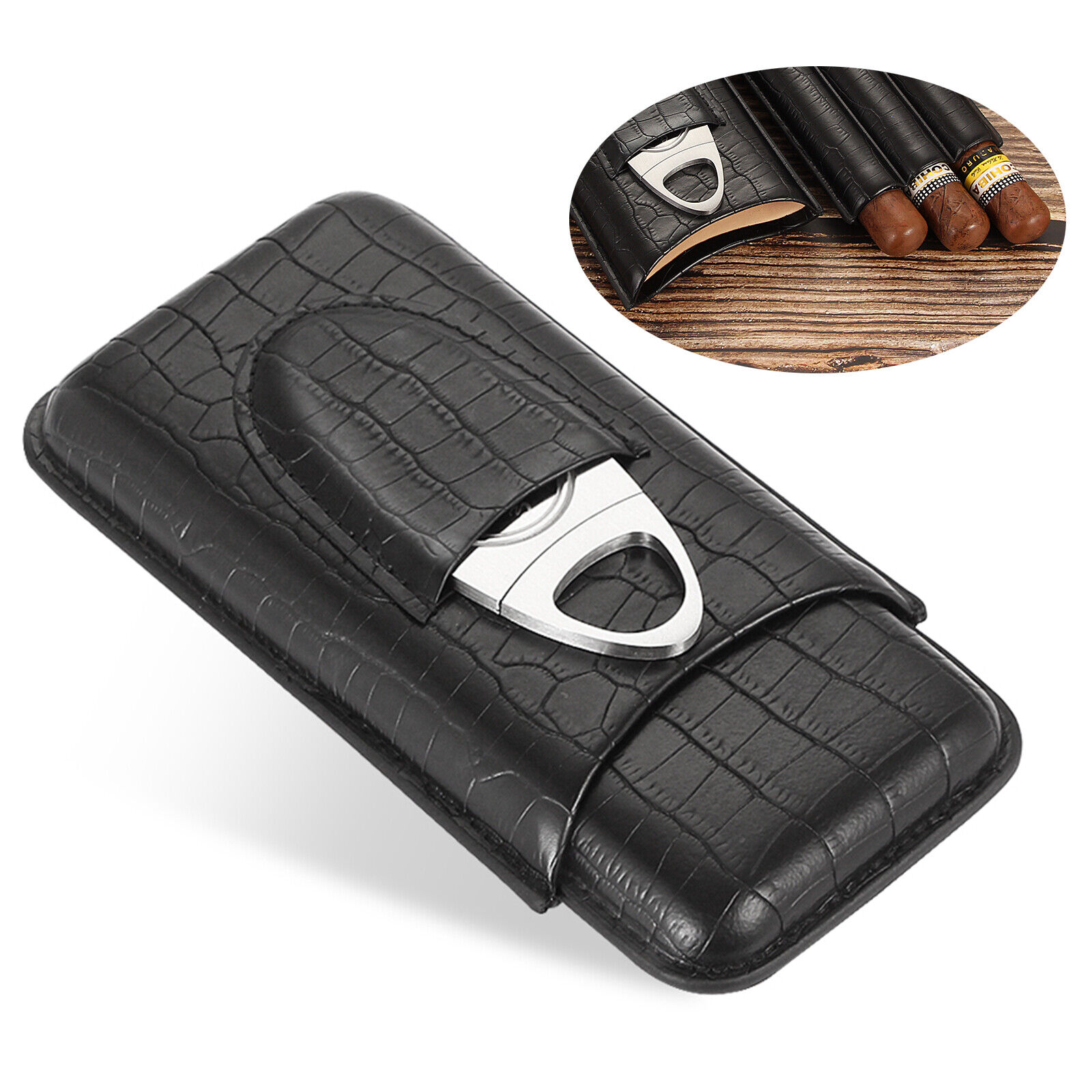 Galiner Portable 3 Tubes Cigar Case Humidor Holder Leather Case w/ Cigar Cutter