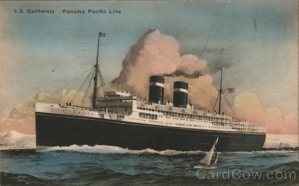 1935 S.S. California-Panama Pacific Line. Giant ship is pictured,small sailboat