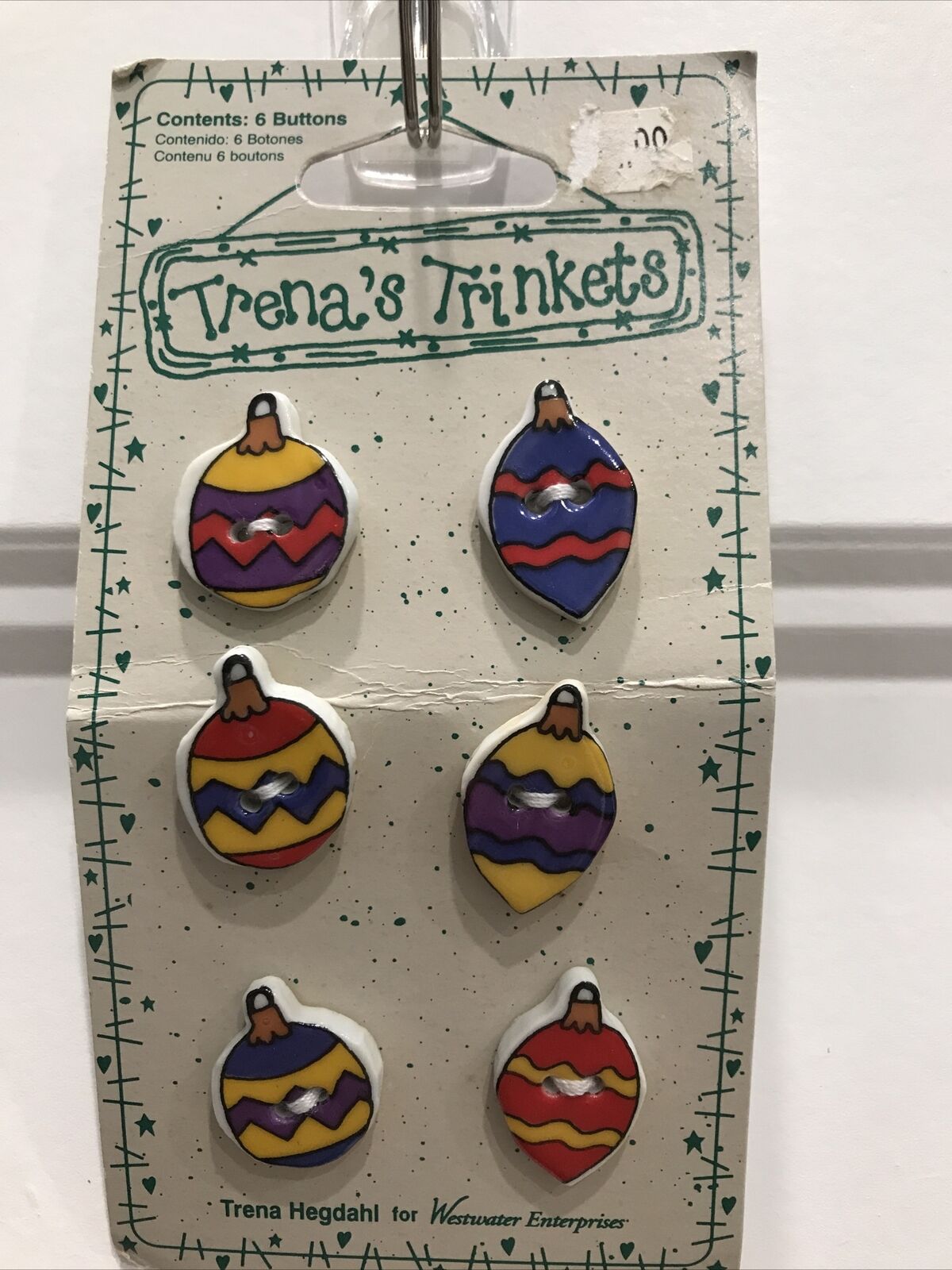 Vintage 1997 Trena’s Trinkets 6 Buttons, Ornaments, Ceramic, 2 Holes NOS