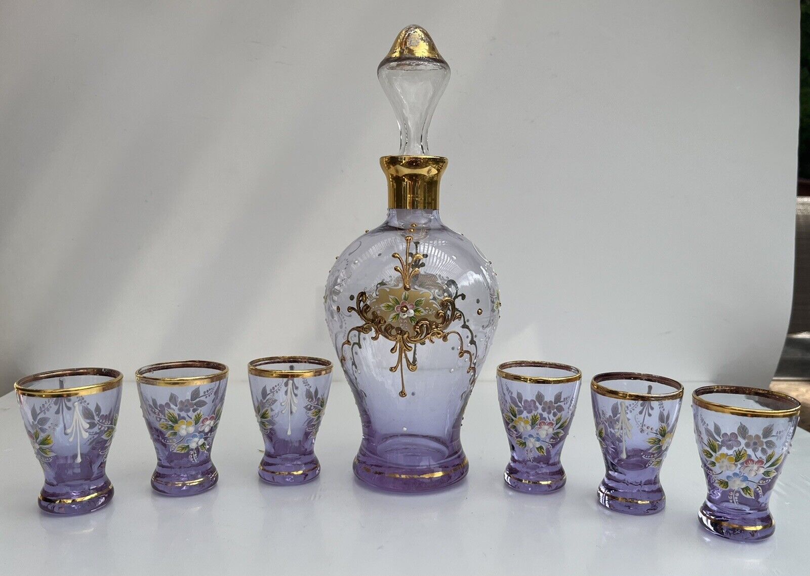 Rare French Vintage Lavender￼ Decanter & Glasses Gilt Floral Hand blown & painte