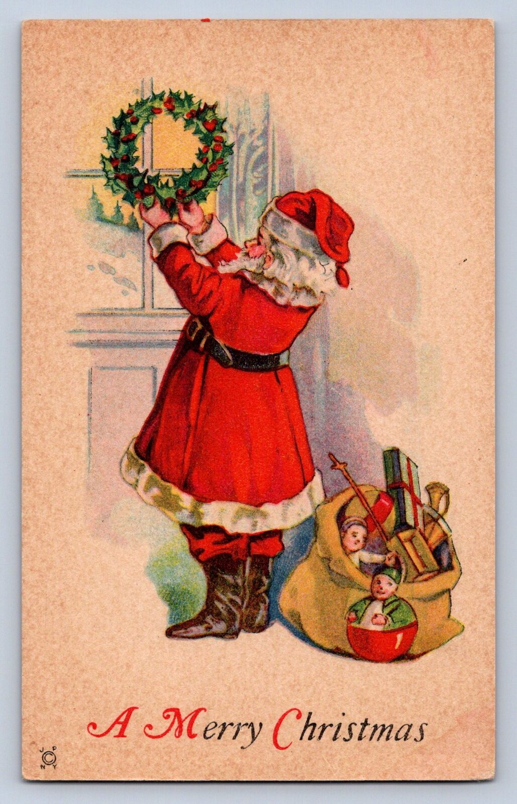 J99/ Santa Claus Christmas Postcard c1910 Wreath Toys 392
