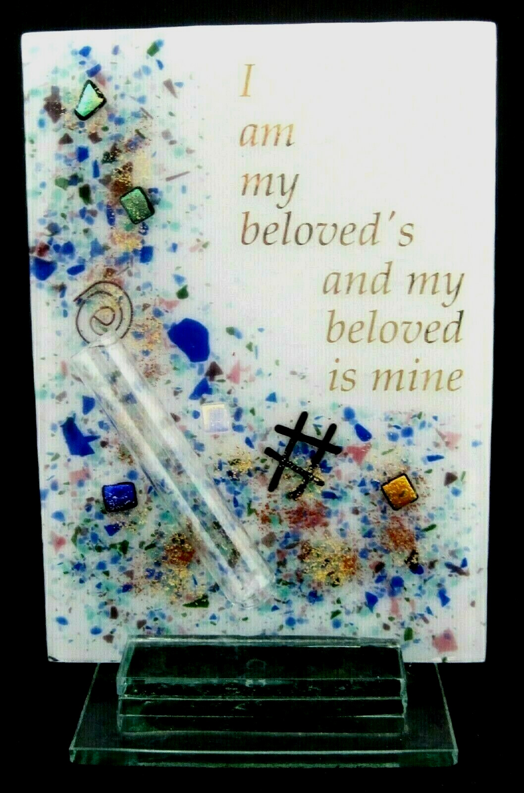 Jewish Wedding Beloved Fused Art Glass Standing Handcrafted Plaque Shard Tube