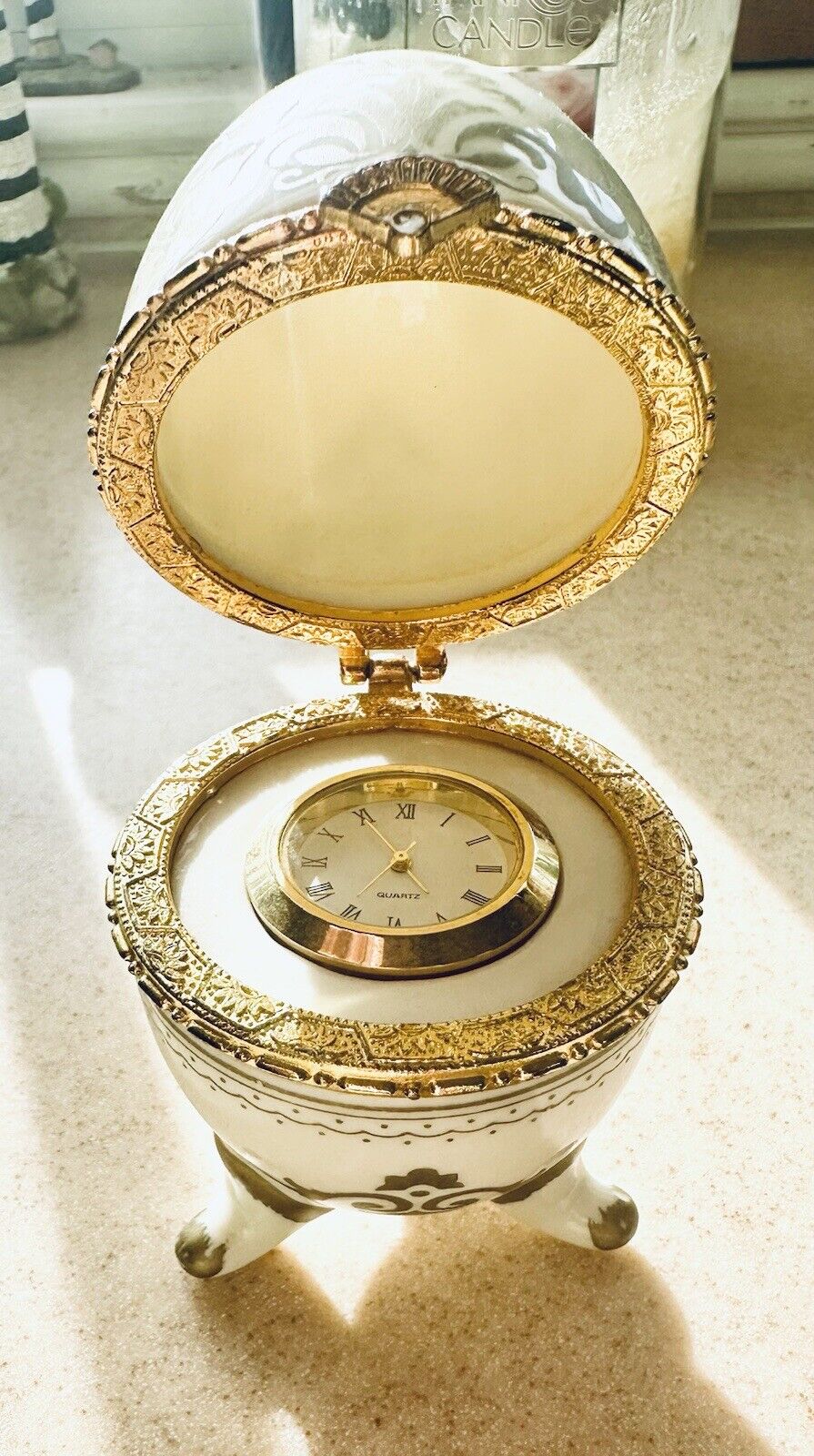 Porcelain Quartz Clock Egg Hinged 3-Footed White With Gold Trim- Stunning