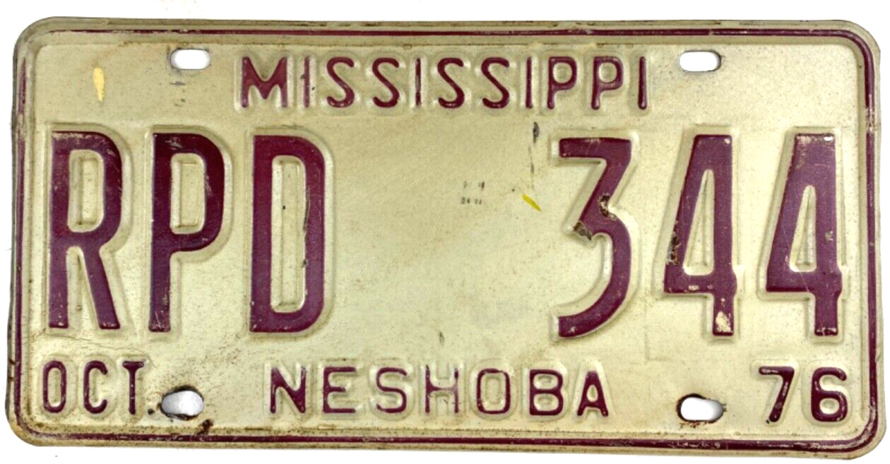 Vintage 1976 Mississippi Auto License Plate Neshoba Co RPD 344 Decor Collector