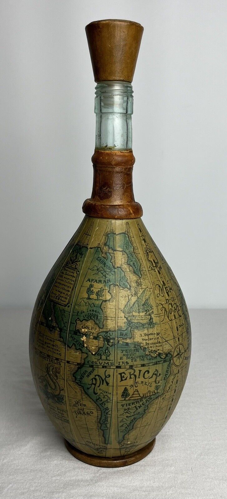 Vintage Italian Leather Wrapped Glass Bottle Decanter w/ Stopper Old World Map