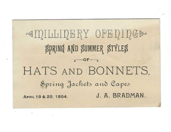 1894 Advertising Card Millinery Opening Hats Bonnets Bradman Clothing Jackets