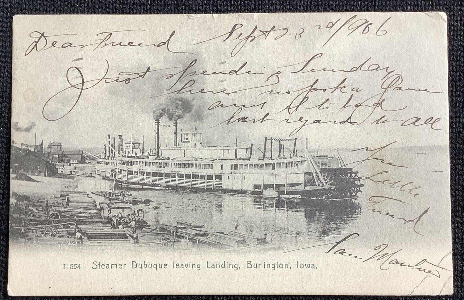 steamer dubuque postcard Leaving Landing Burlington Iowa 1906 Vintage