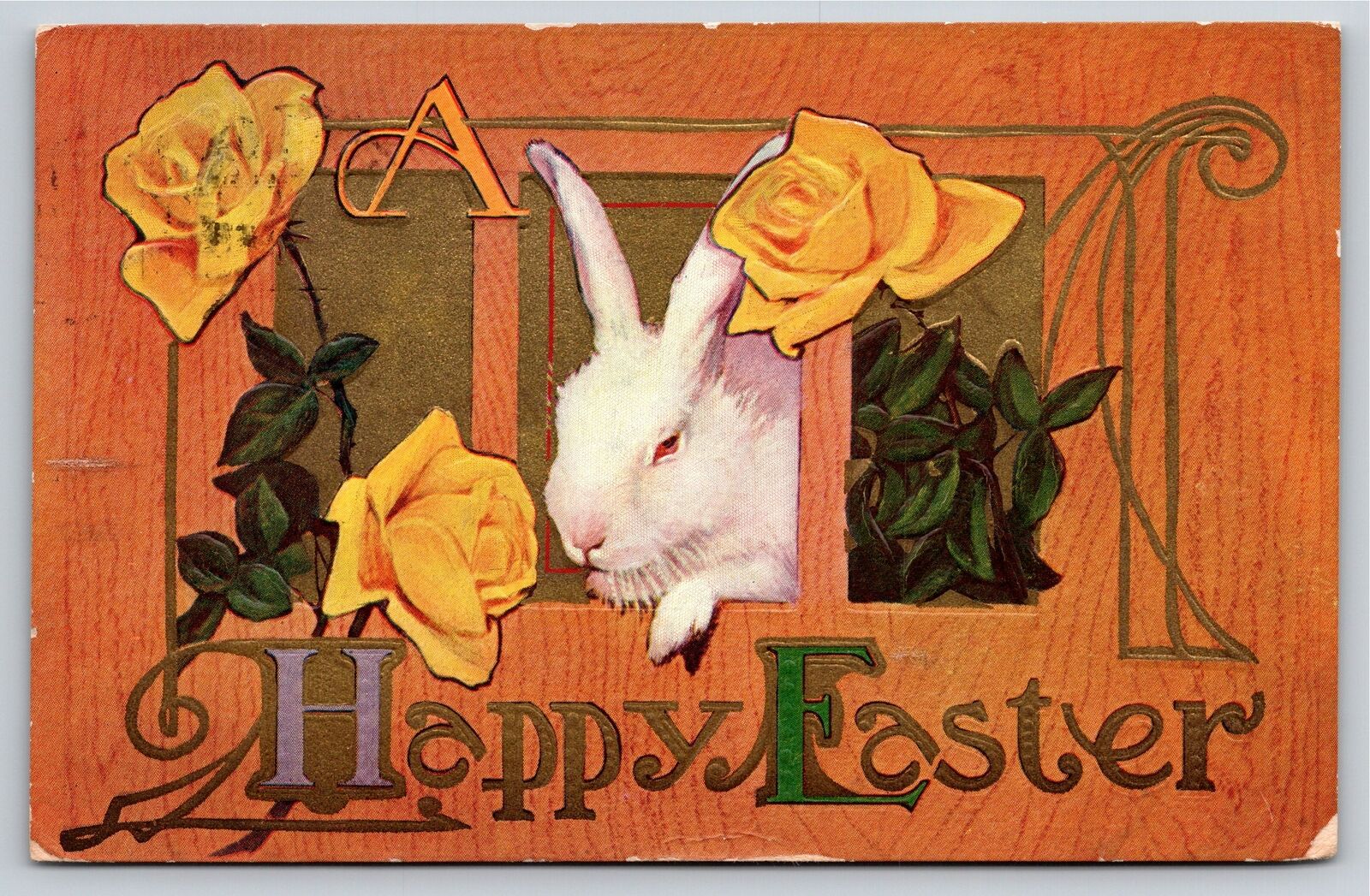 Holiday~A Happy Easter~Rabbit W/ Yellow Roses~PM 1910~Embossed~Vintage Postcard