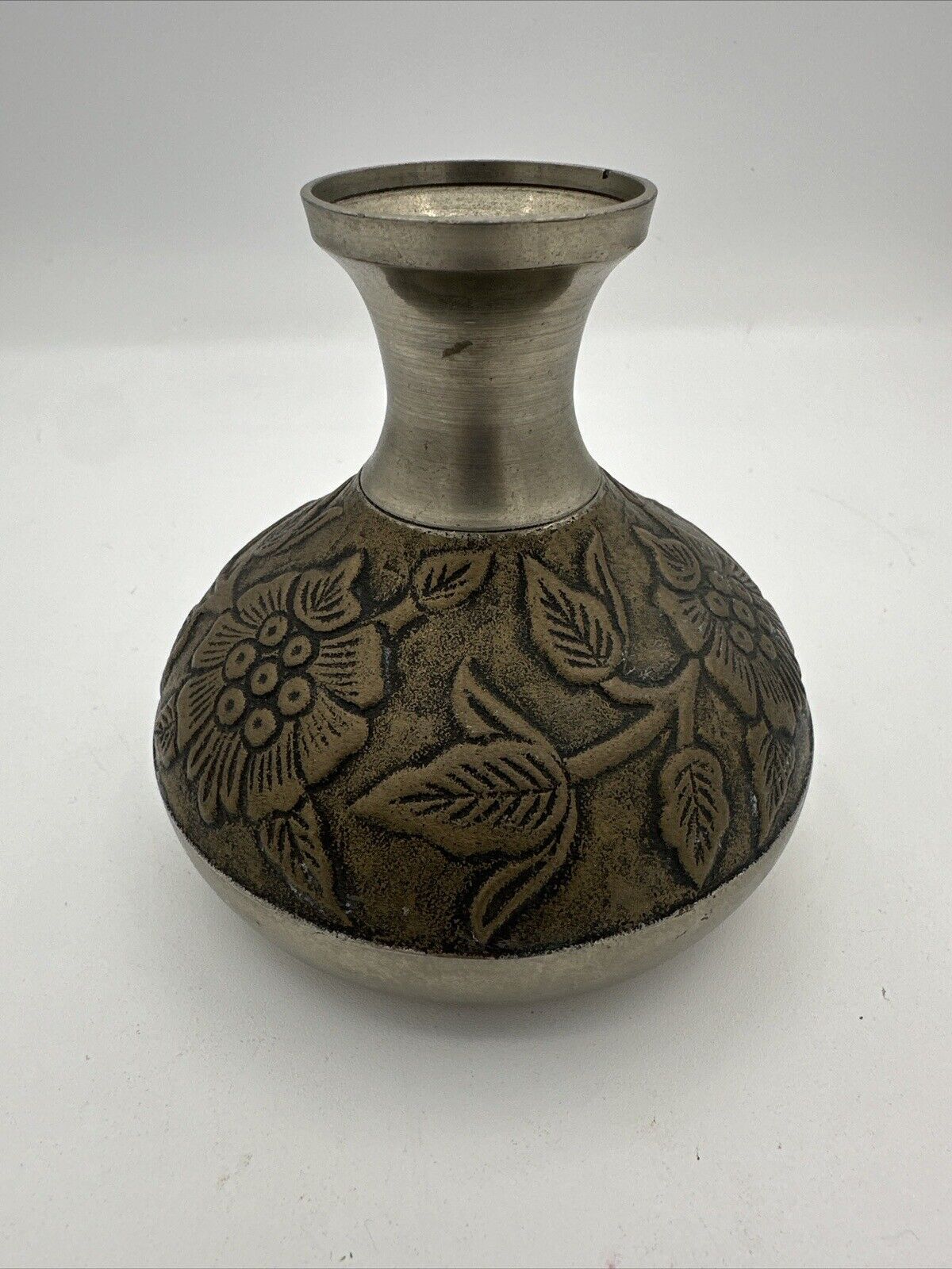 Vintage silver vase embossed, Antiqued brass floral design 5”H