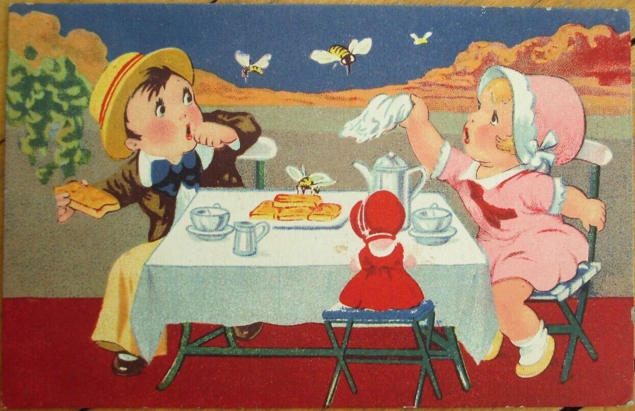 Art Deco 1930 Postcard, Bee Bees Attacking Children Tea Party, Doll