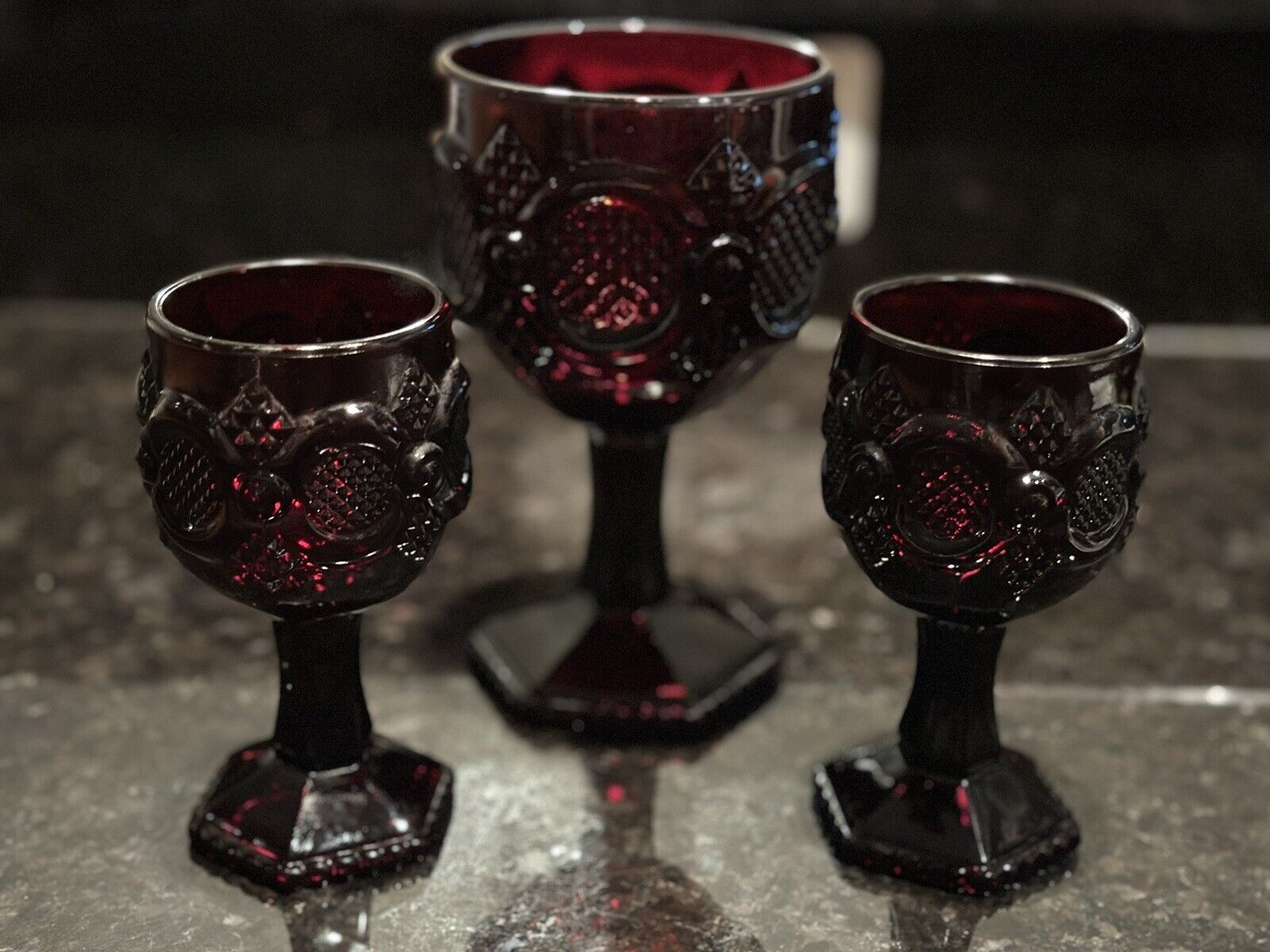 VINTAGE AVON 1876 CAPE COD COLLECTION Set Of 12 Ruby Red GOBLETS CREAMER SUGAR