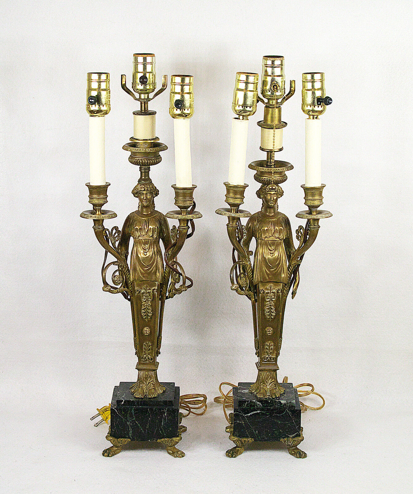 Antique Empire Napoleon III Figural Gilt Bronze Pair of  3 Light Lamp