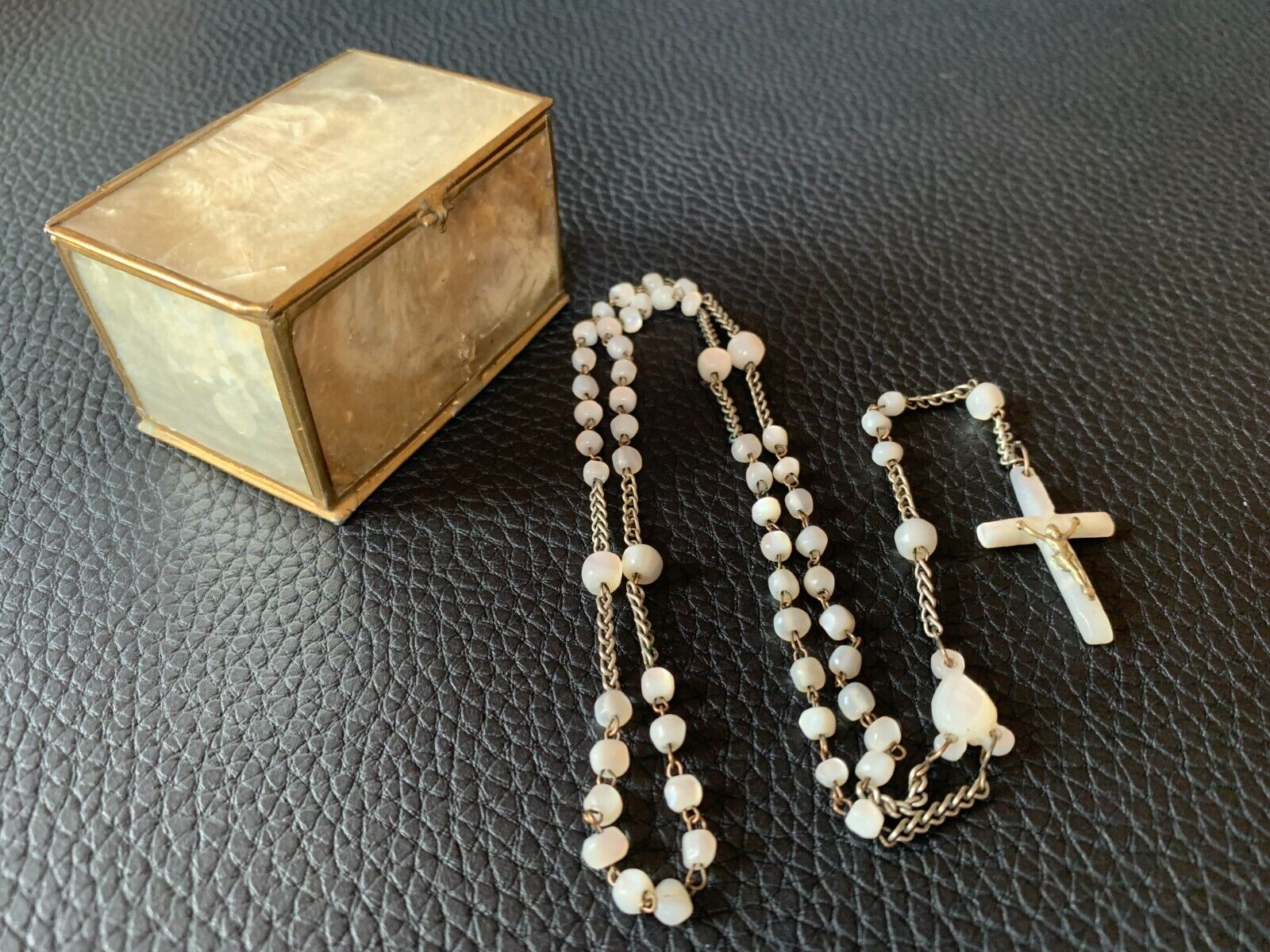 Vintage French MOP Religious Christianity Rosary Necklace Cross Seashell Casket