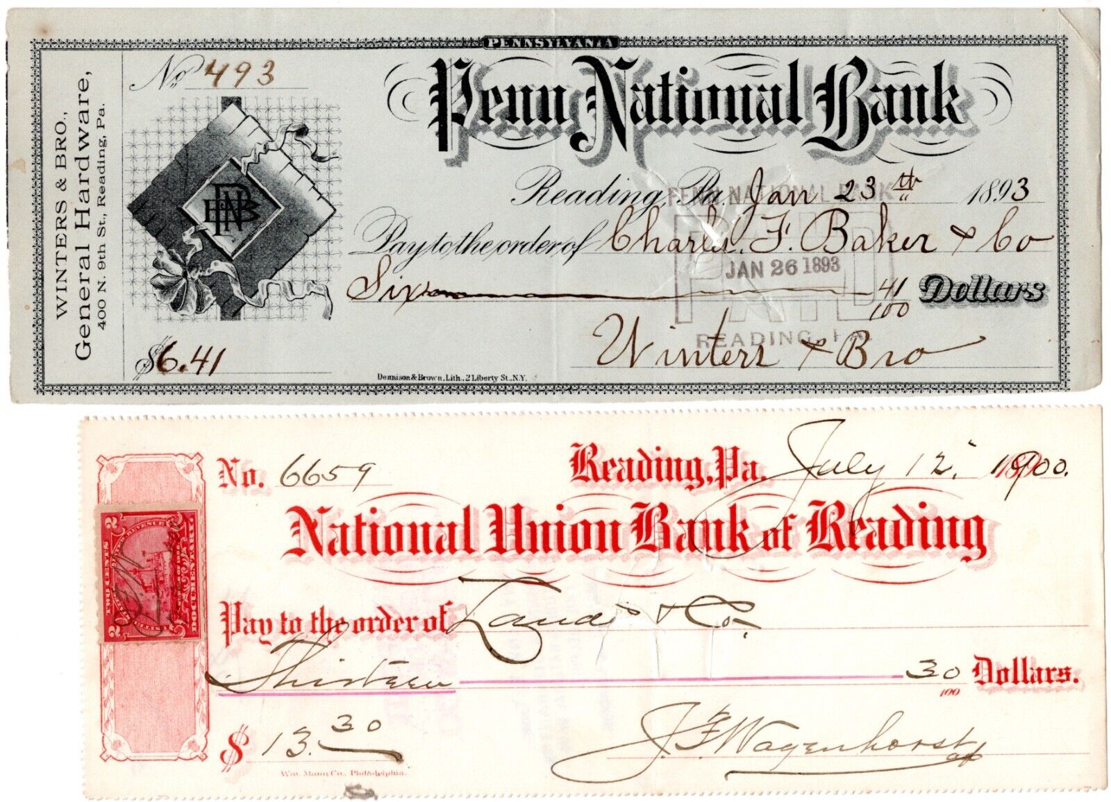 Penn National, National Union Bank of Reading, Pa. cancelled checks 1893, 1900