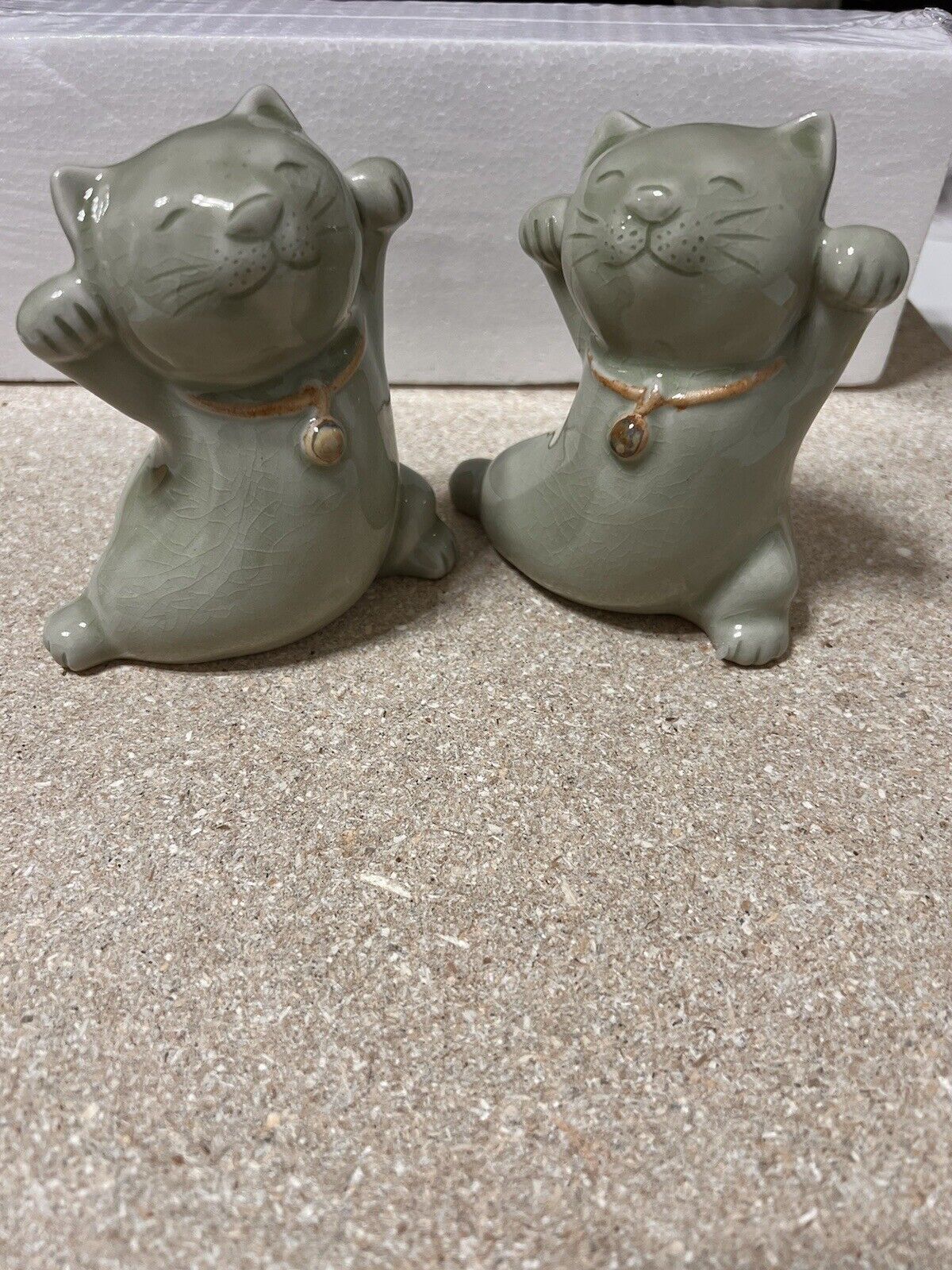 Novica Good Luck Cats Ceramic Green Figurines
