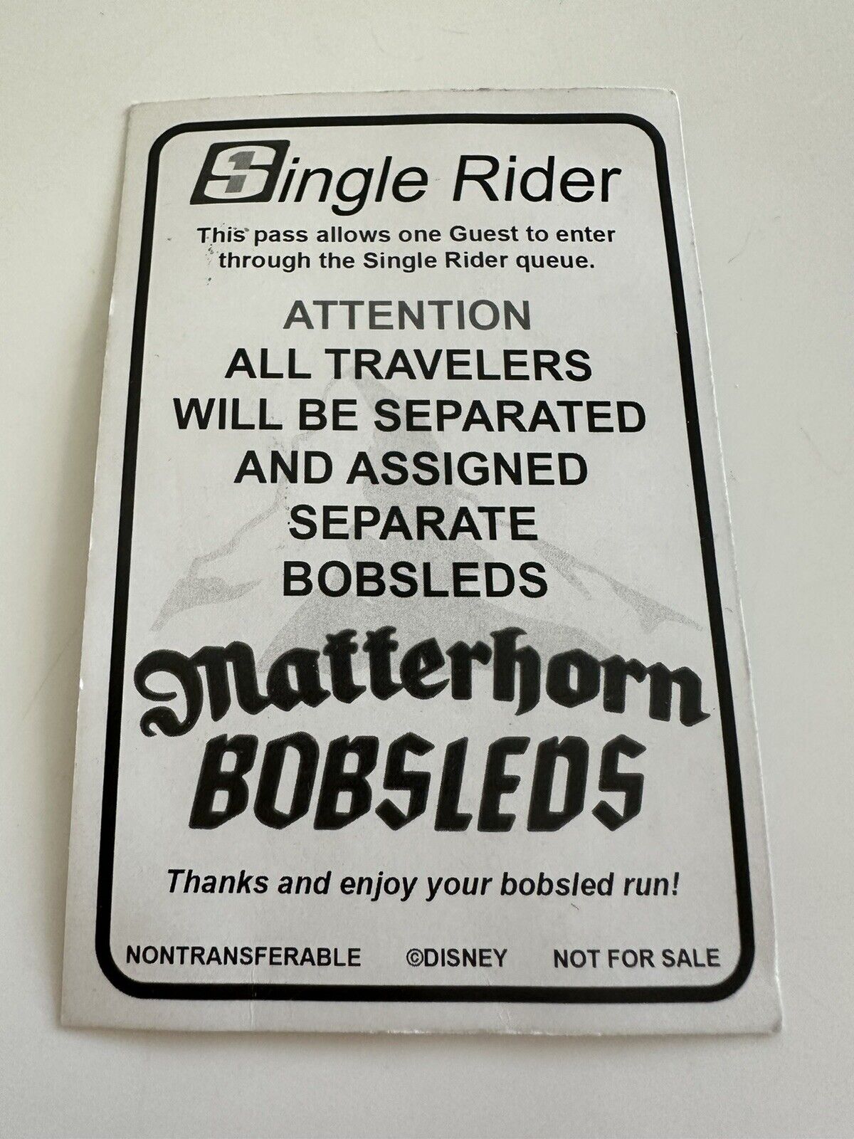 Disneyland Matterhorn Bobsleds Single Rider Pass