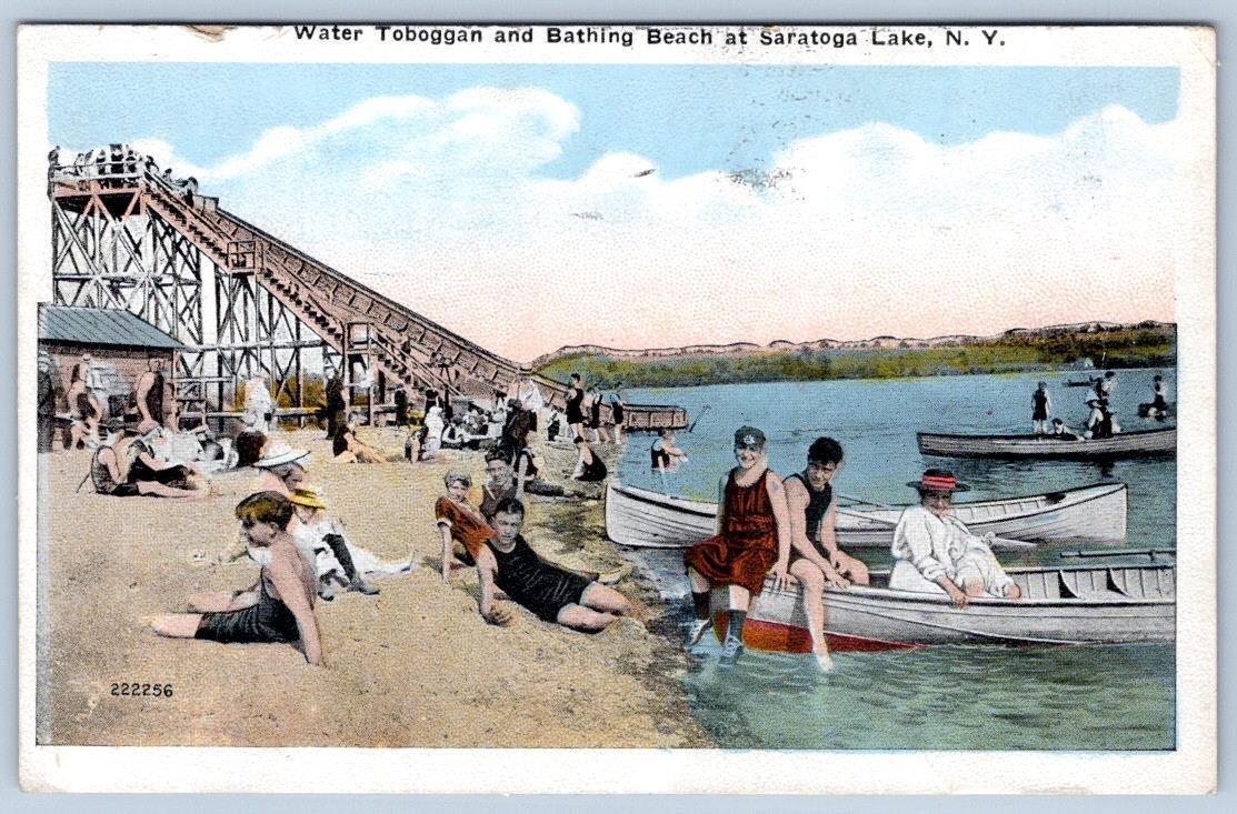 1922 WATER TOBOGGAN RIDE BATHING BEACH SARATOGA LAKE BOATS NEW YORK POSTCARD