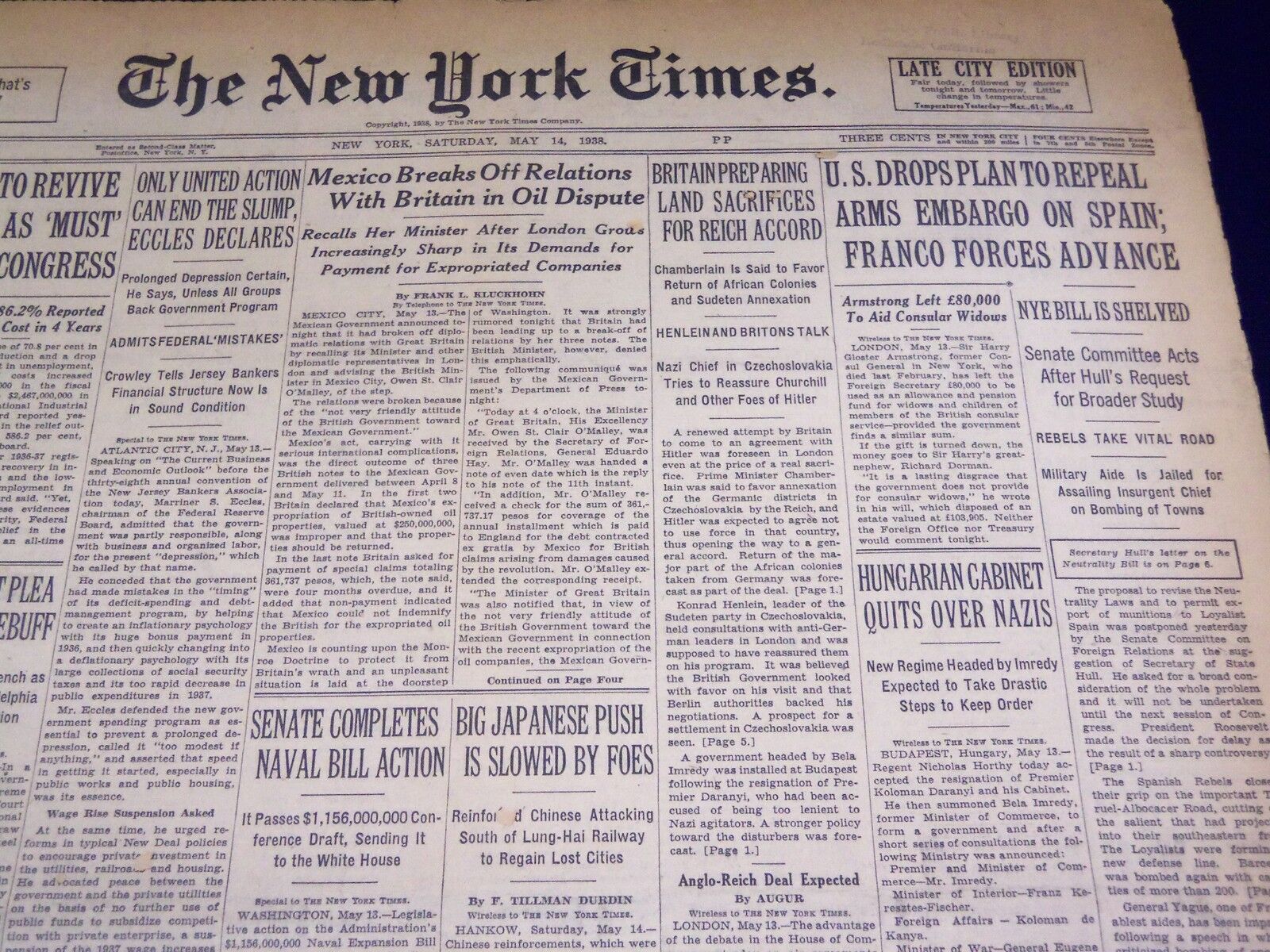 1938 MAY 14 NEW YORK TIMES - U. S. DROPS PLAN TO REPEAL ARMS EMBARGO - NT 2414