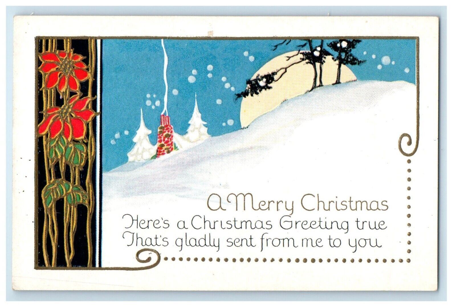 c1920's Merry Christmas Greetings Snow Winter Red Flowers Antique Postcard