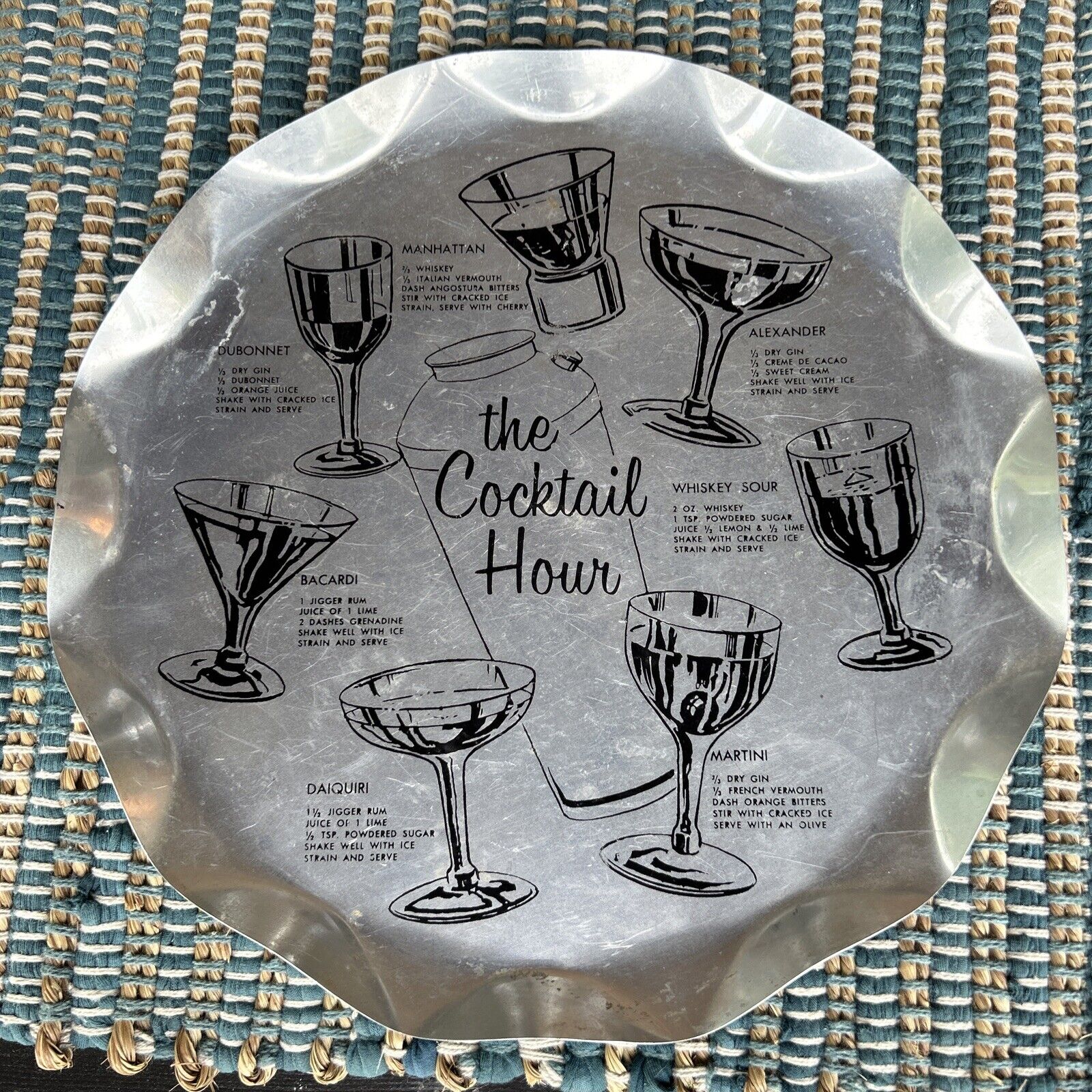 Vintage “The Cocktail Hour” Aluminum Tray Recipes Mid Century Modern Barware