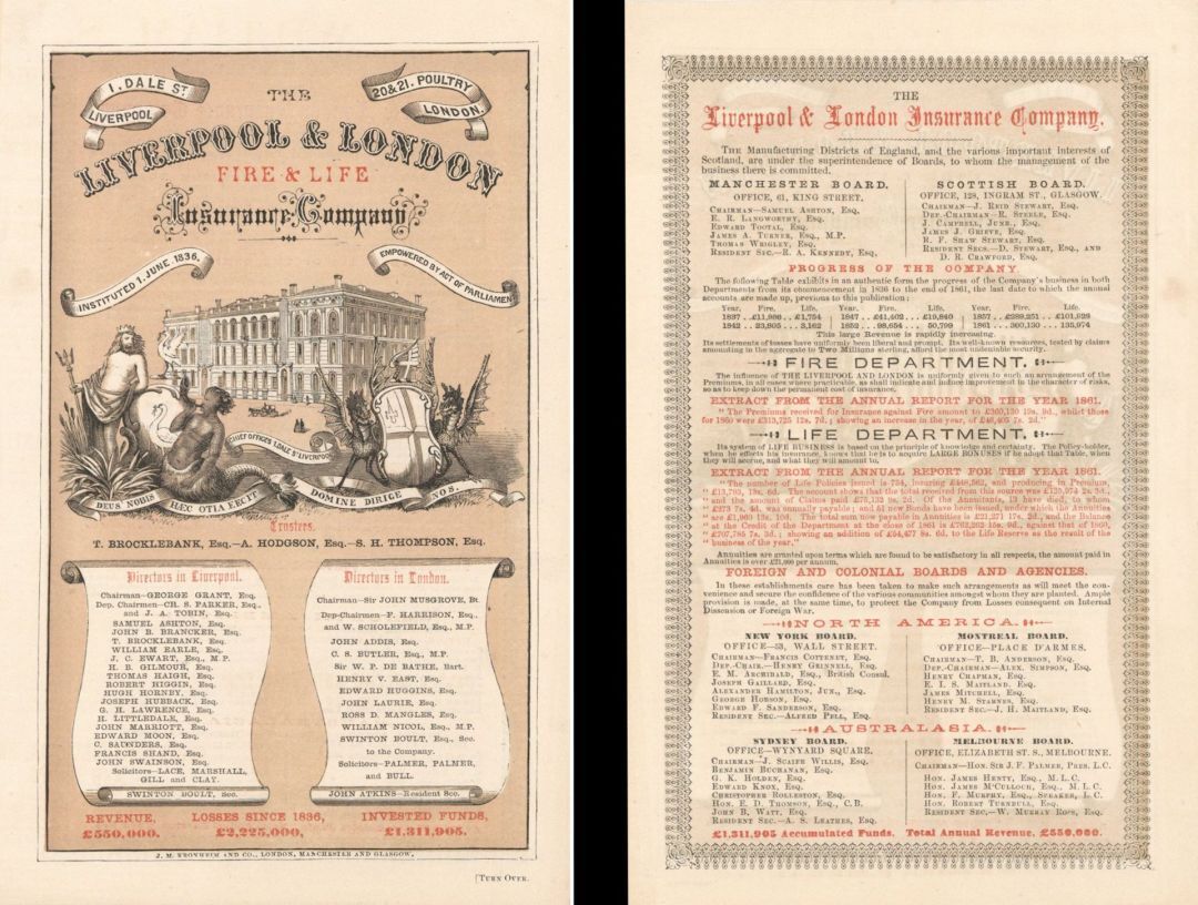 Liverpool and London Fire and Life Insurance Co. Advertisement dated 1836 - Insu