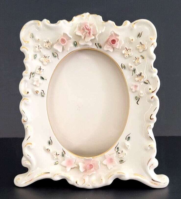 Florence Ceramics Vintage 1950s Tabletop Picture Frame White with Pink Flowers
