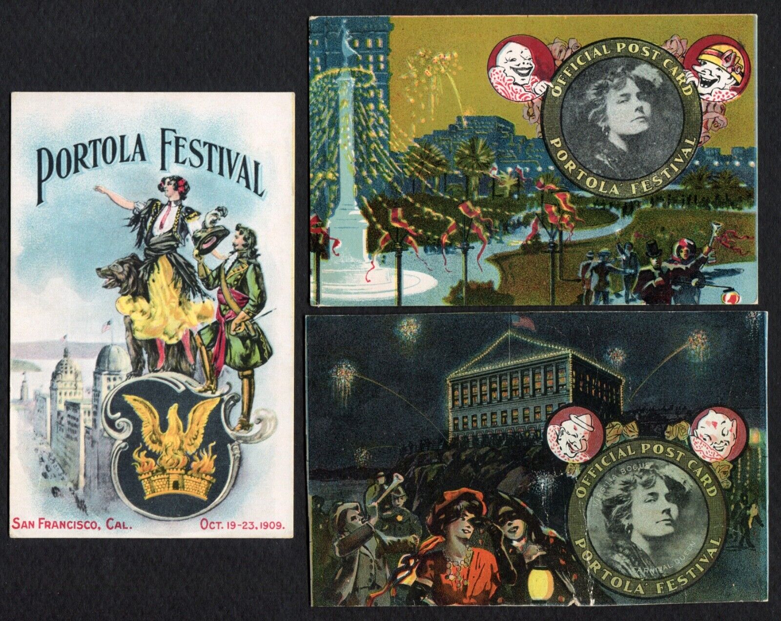 3 Postcards 1909 PORTOLA FESTIVAL San Francisco - Cliff House & Union Square