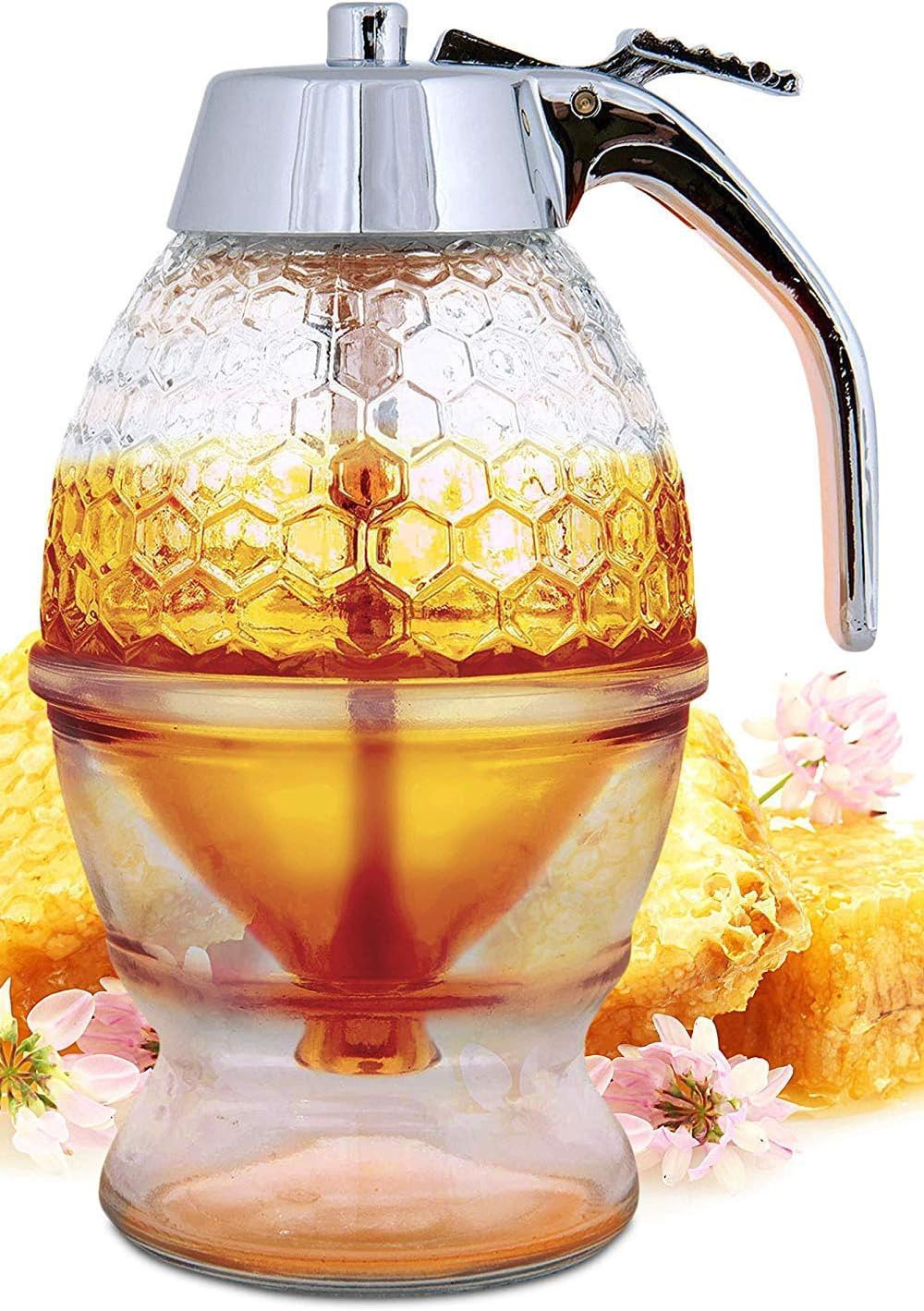 Hunnibi No Drip Glass Honey Dispenser - Beautiful Honeycomb Shaped Pot and Maple