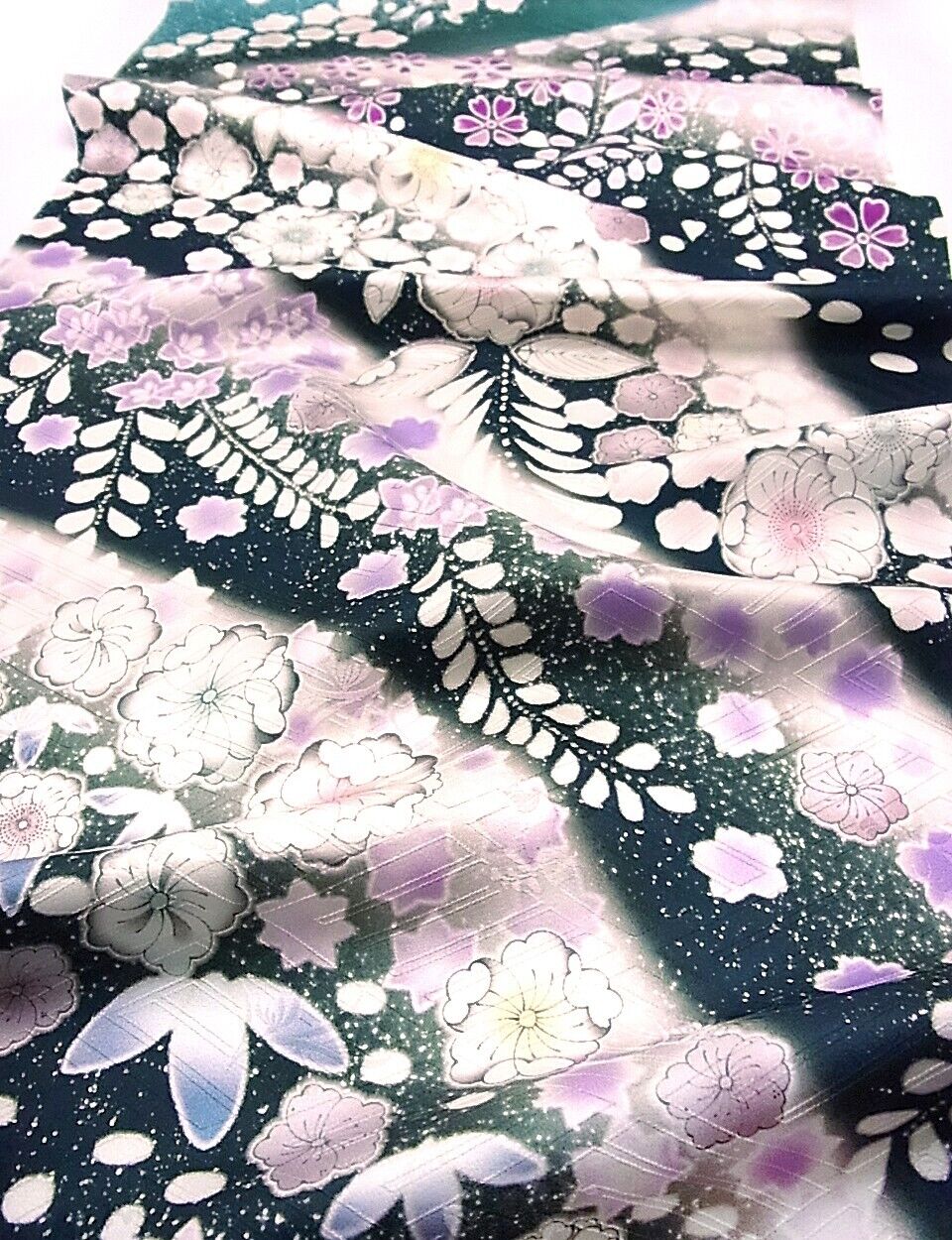u055-c_Unused Japanese Kimono Fabric_Silk,Black green,Tsujigahana,Yuzen,88 cm