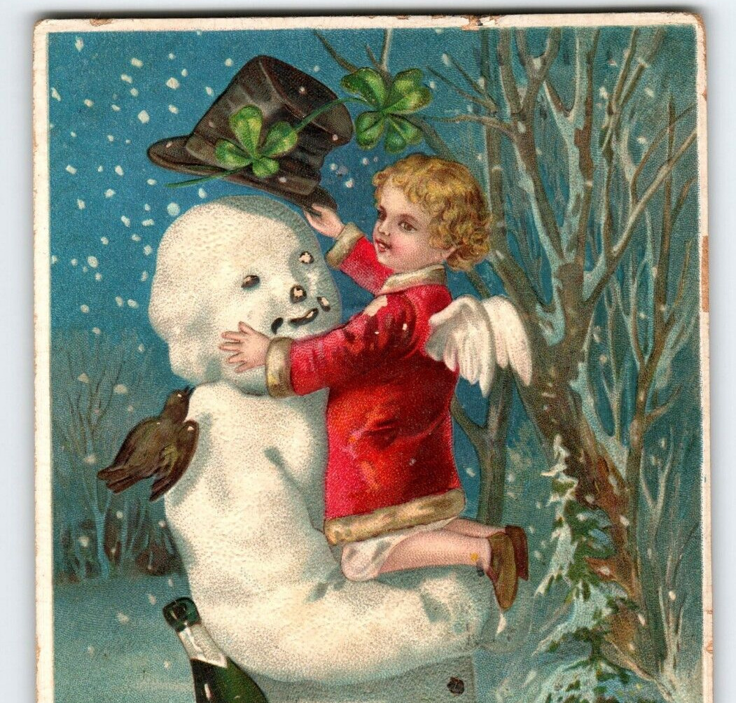 Christmas Postcard Ellen Clapsaddle Angel Puts Hat On Snowman 1910 Series 2790