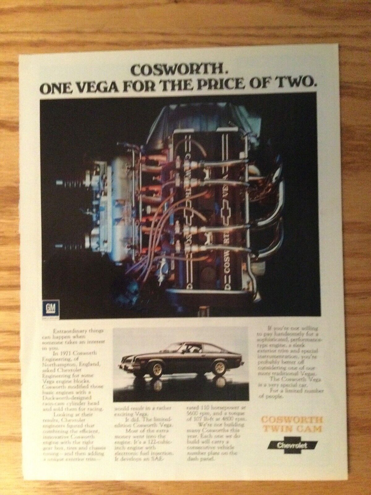 VEGA #21 Advertisement 1975 Chevy COSWORTH TWIN CAM Vega