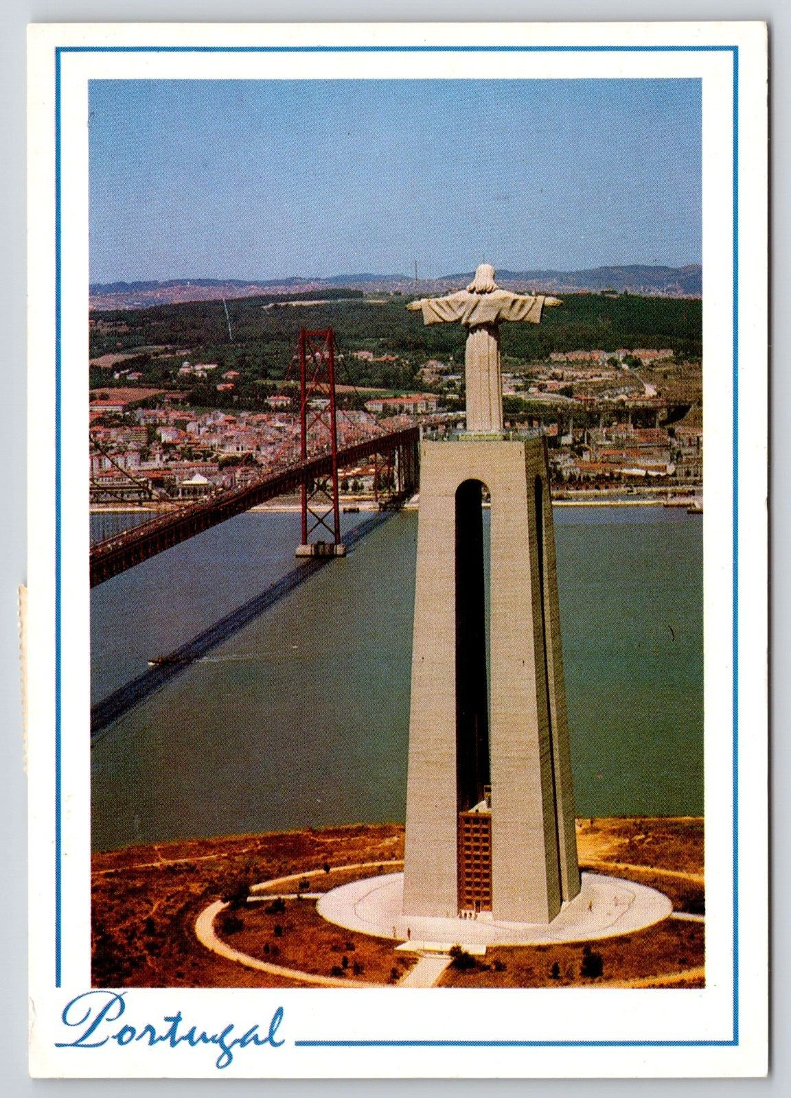 Bird\'s Eye Lisbon Portugal Bridge Christo Rei Christ the King Monument Postcard