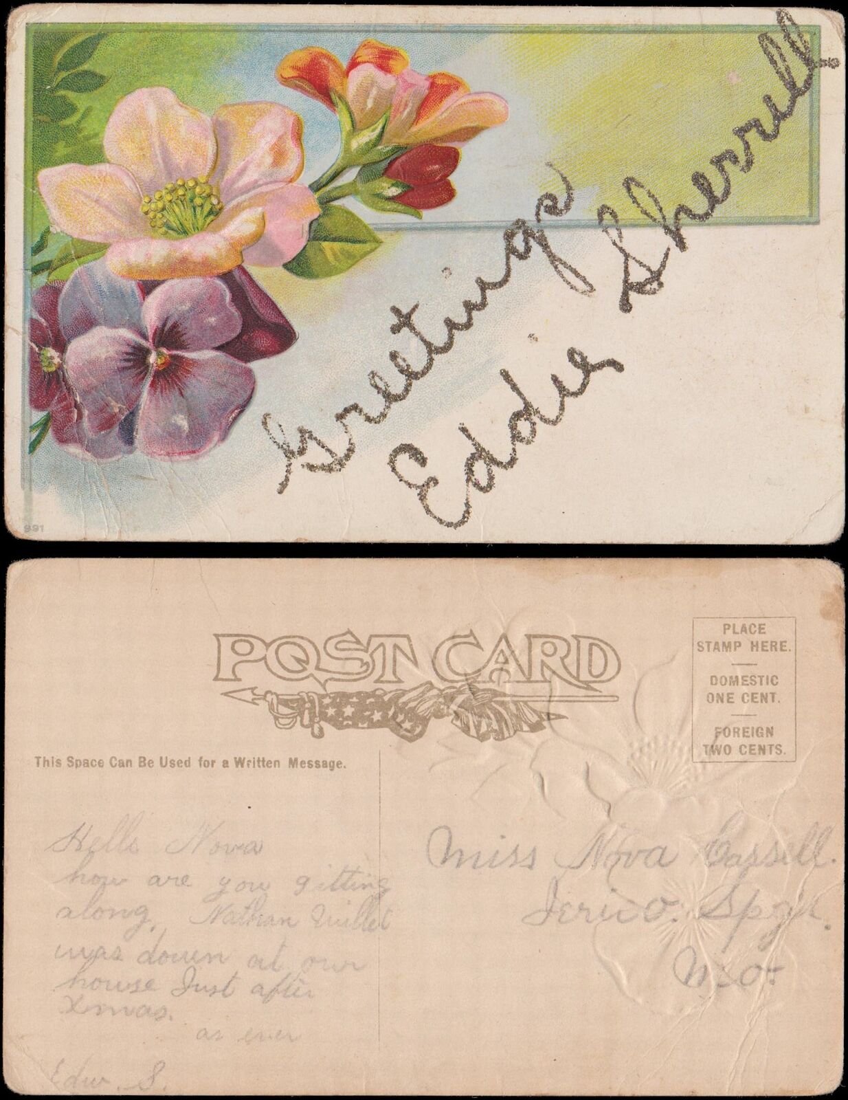 unsent greeting, flowers with glittered text, Jerico Springs MO, embossed